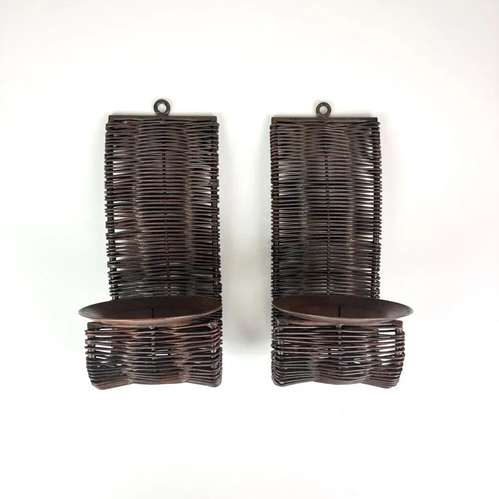 Vintage Pair of Woven Metal Candle Holder Wall Sconces / Rustic Brutalist Decor